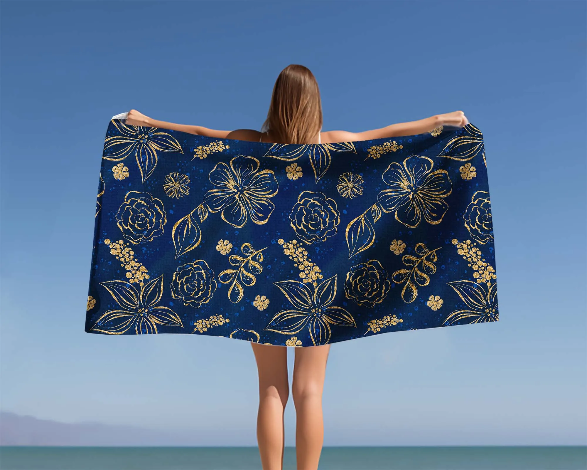 Beach Towel, Candy Blue Gold Flowers, Polycotton Towel