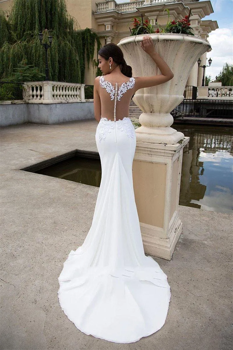 Beach White Lace Bridal Dress Illusion Back Simple Wedding Dress Plus Size Bridal Gown