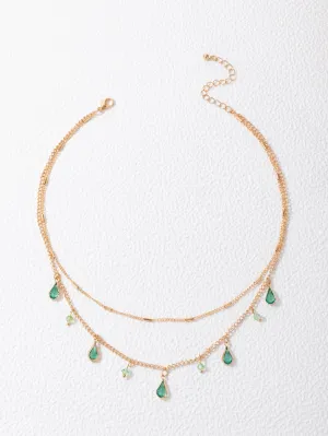 Bead & Green Water-drop Charm Layered Necklace for Women Girls Accessories