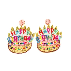 Beaded & Jeweled "Happy Birthday" Cake Dangle Earrings