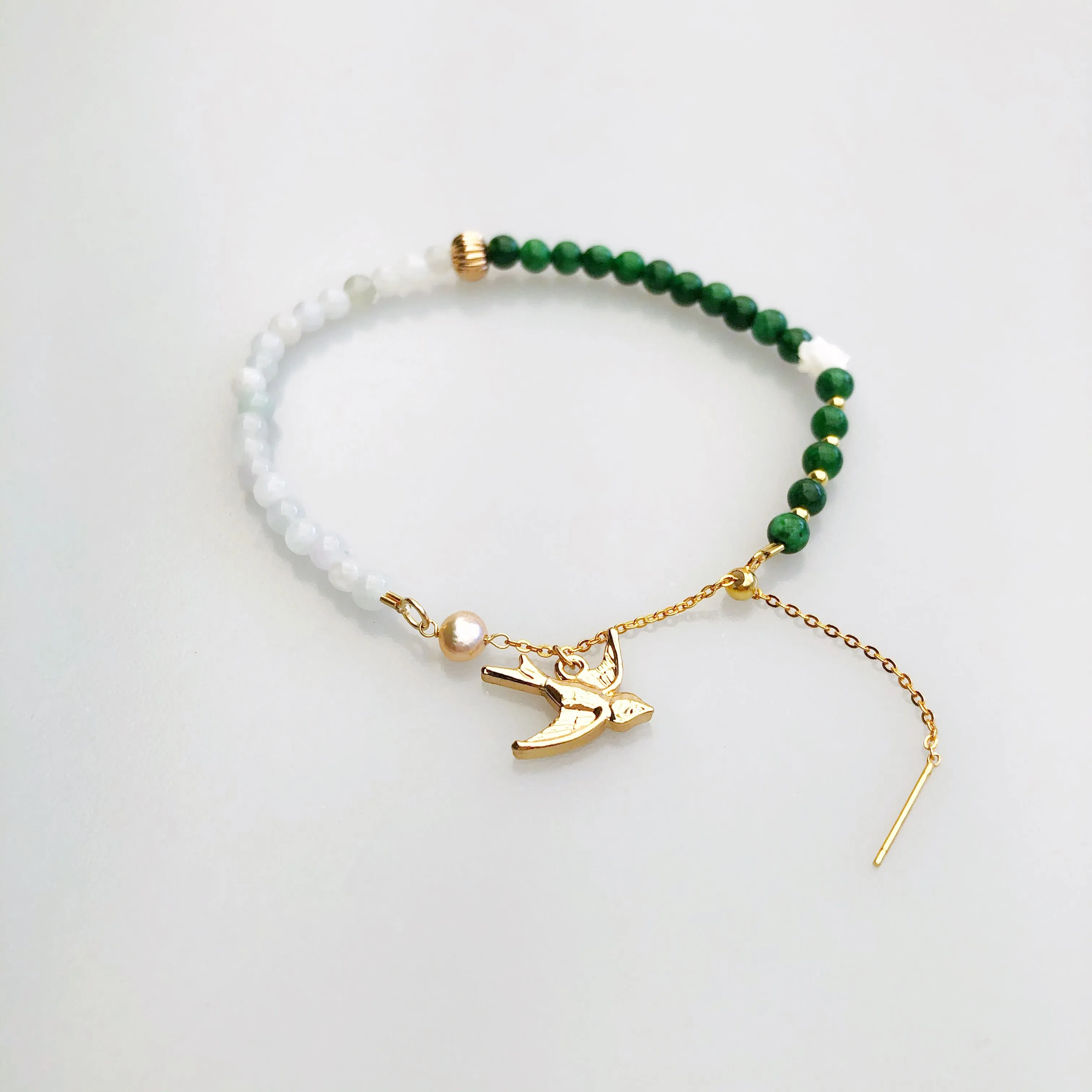 Beaded Bird and Flower Jadeite Bracelet