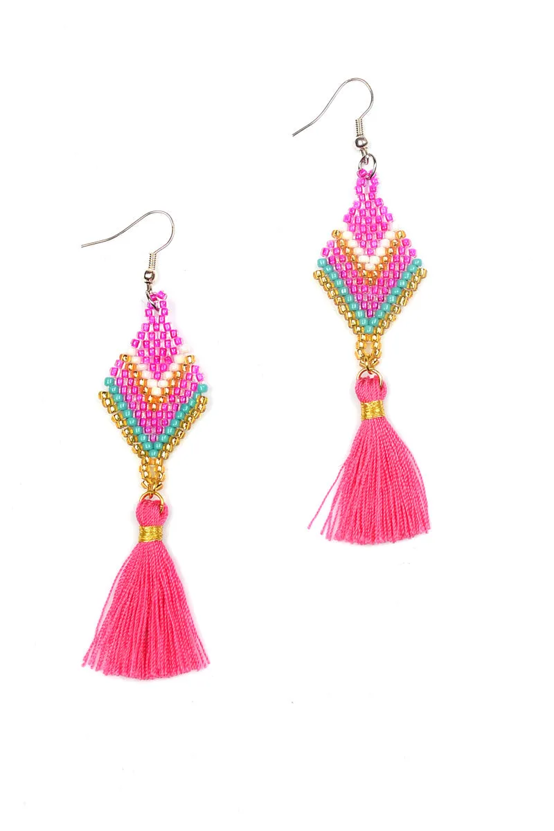 Beaded Diamond Tassel Earrings