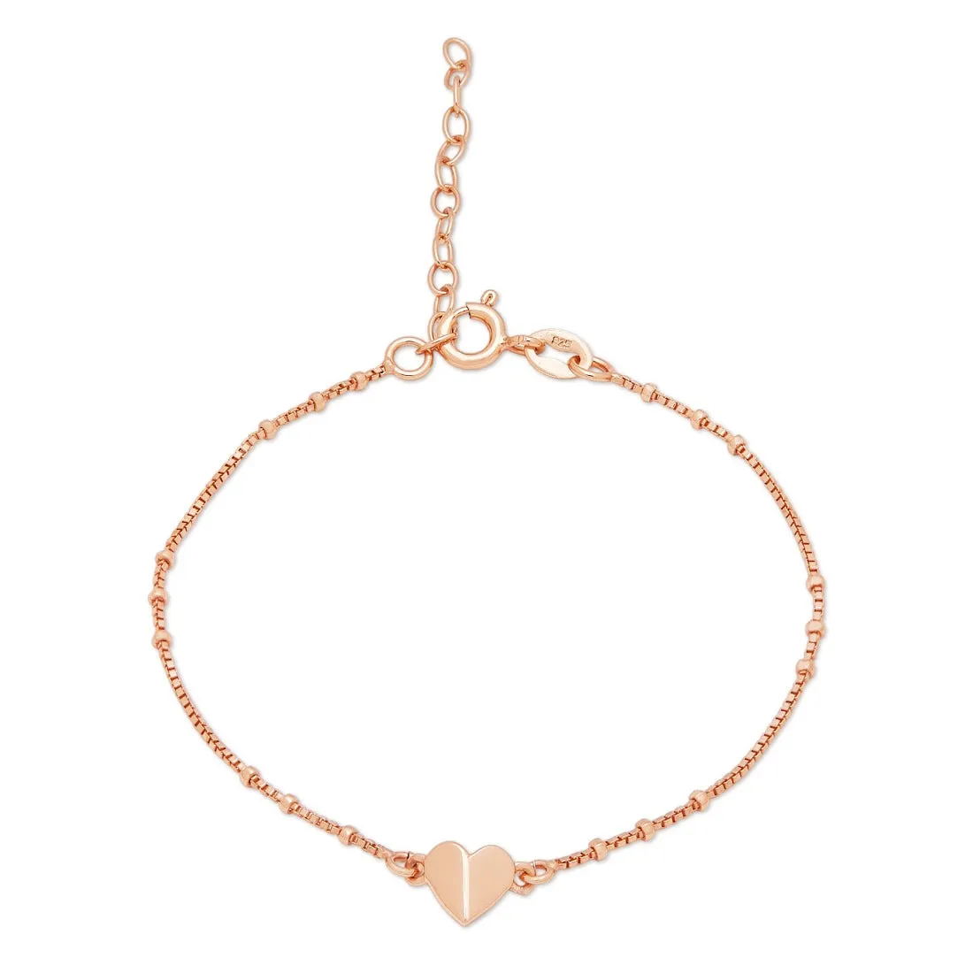 Beaded Heart Rose Gold Plated 925 Sterling Silver Chain Bracelet