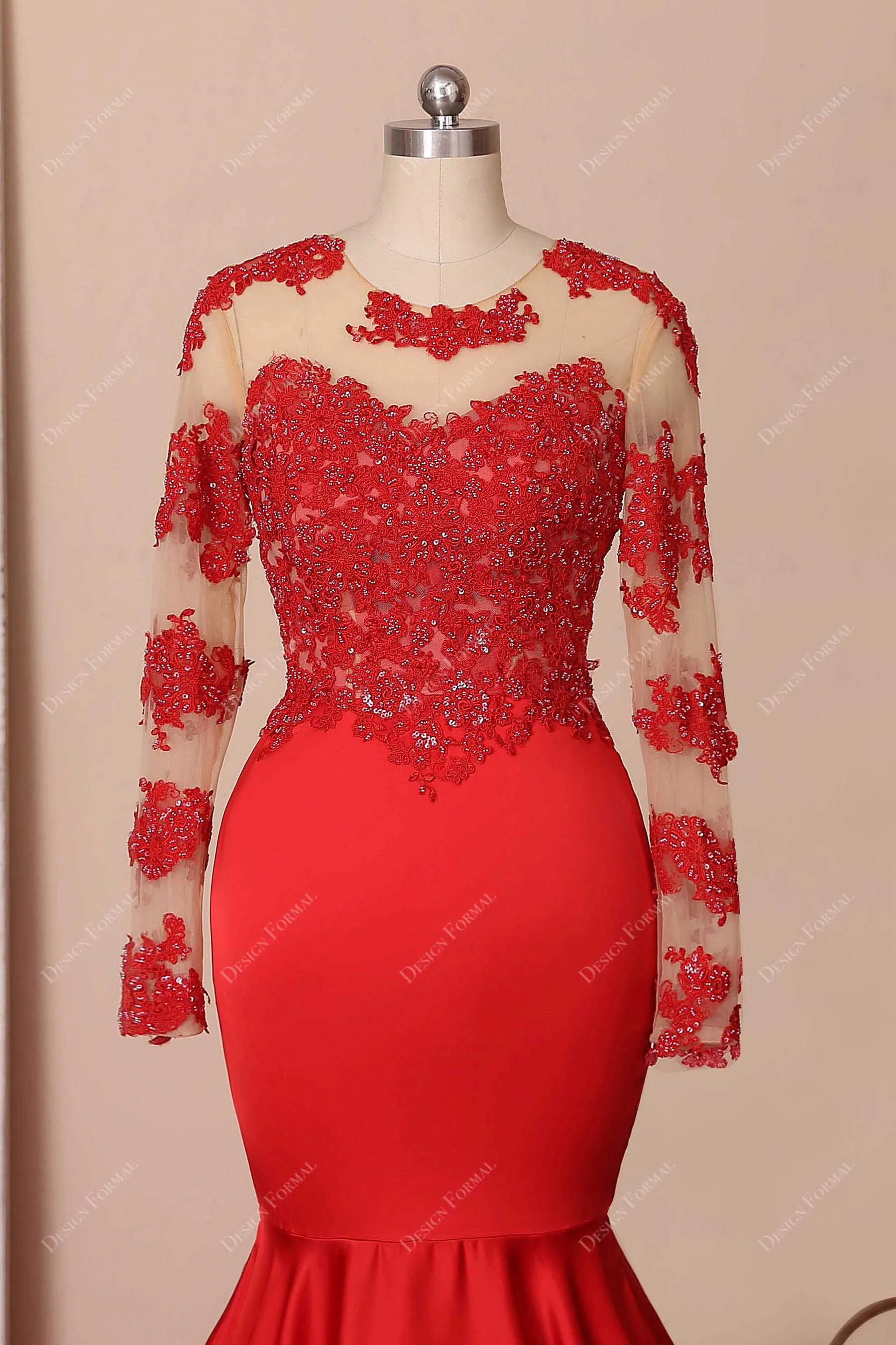 Beaded Red Lace Illusion Sleeve Dramatic Long Train Trumpet Satin Prom Dress