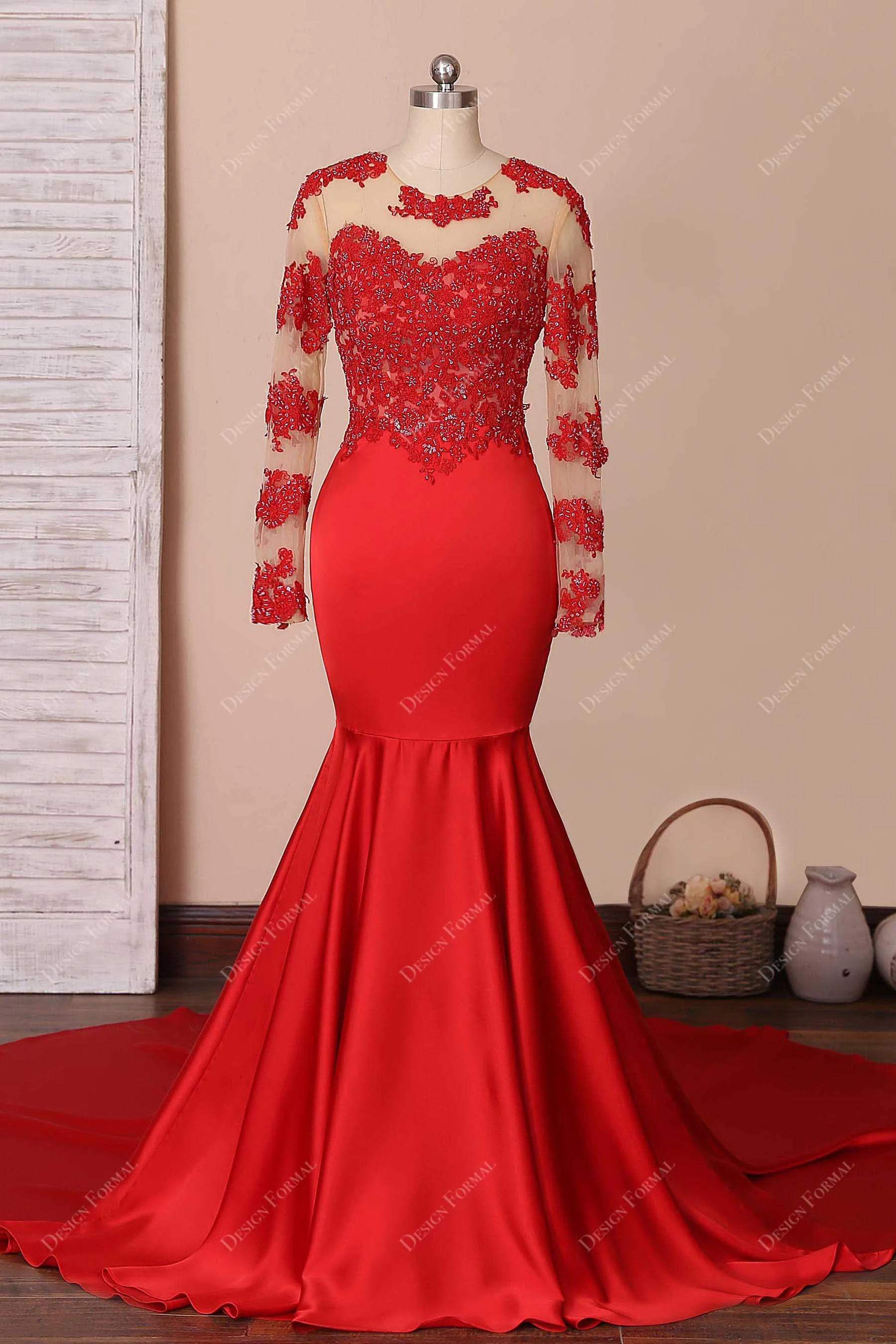 Beaded Red Lace Illusion Sleeve Dramatic Long Train Trumpet Satin Prom Dress