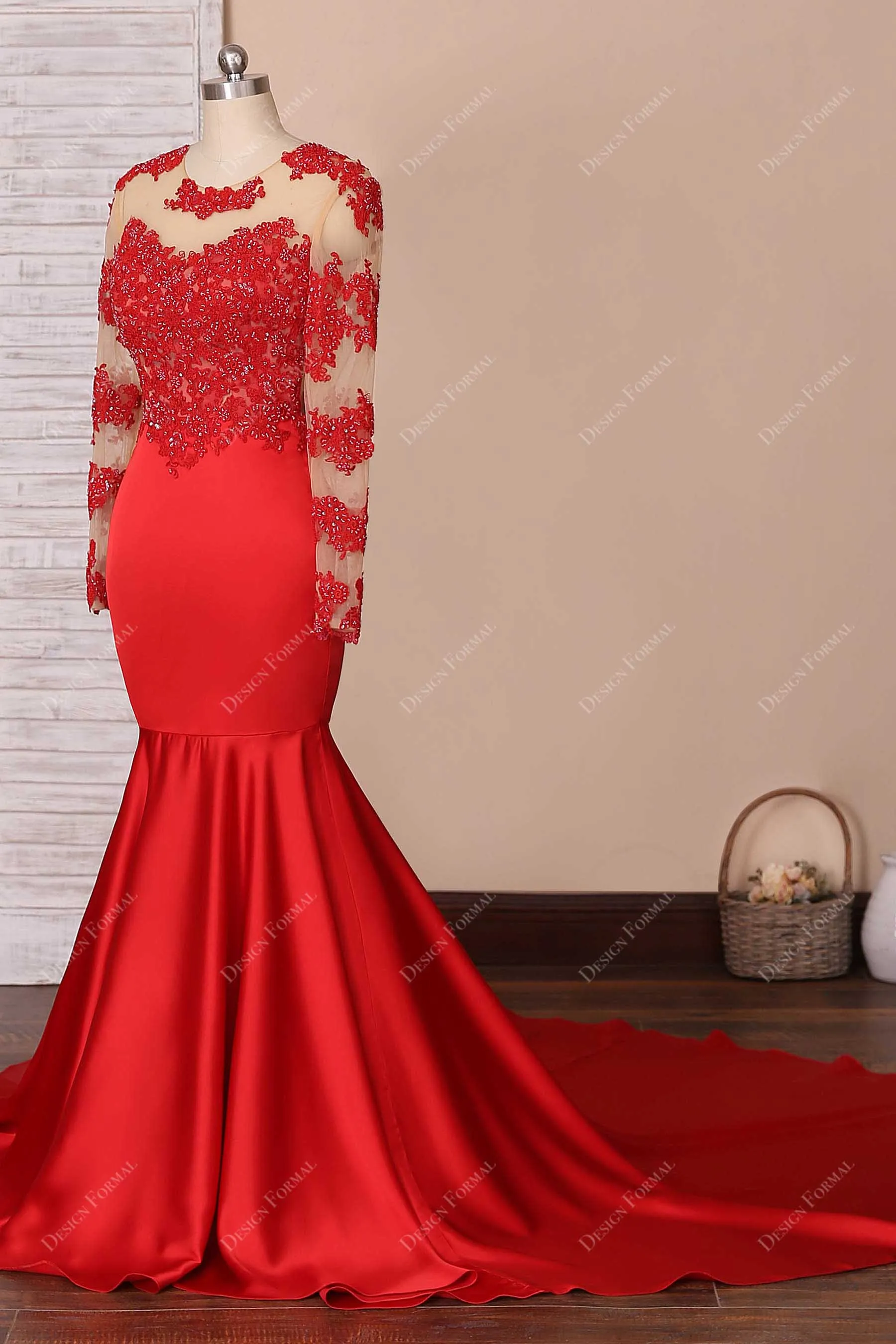 Beaded Red Lace Illusion Sleeve Dramatic Long Train Trumpet Satin Prom Dress