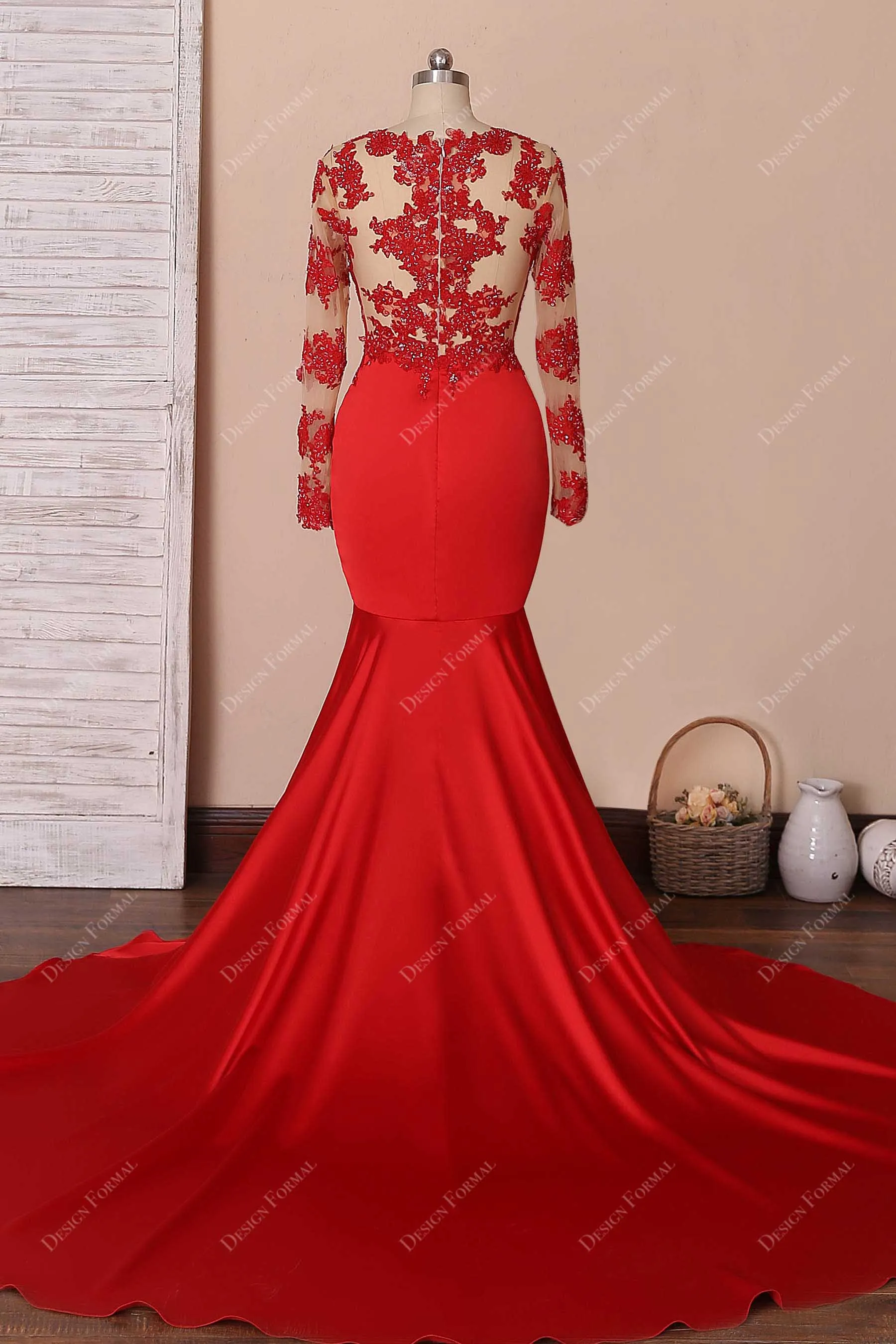 Beaded Red Lace Illusion Sleeve Dramatic Long Train Trumpet Satin Prom Dress