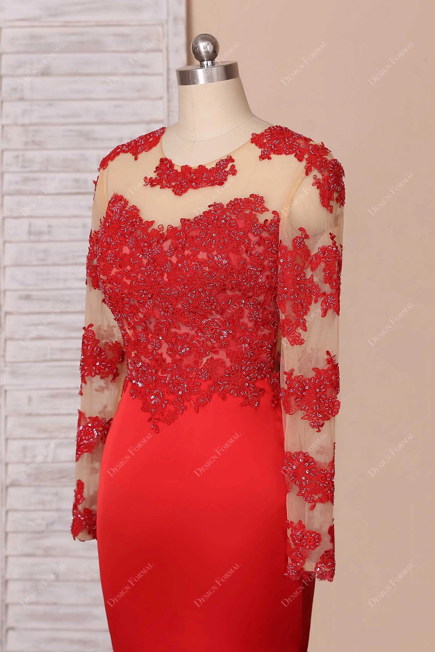 Beaded Red Lace Illusion Sleeve Dramatic Long Train Trumpet Satin Prom Dress