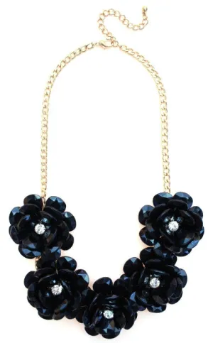 Beaded Rosette Statement Necklace- Black