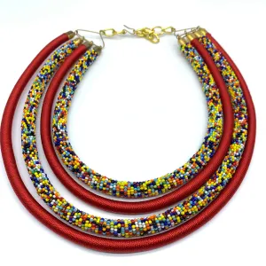 Beaded Thread Multi Strands Bangle Necklace-Red Variation