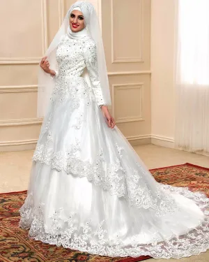 Beading Crystal A-Line Muslim Wedding Dress Elegant Arabic Bridal Gown