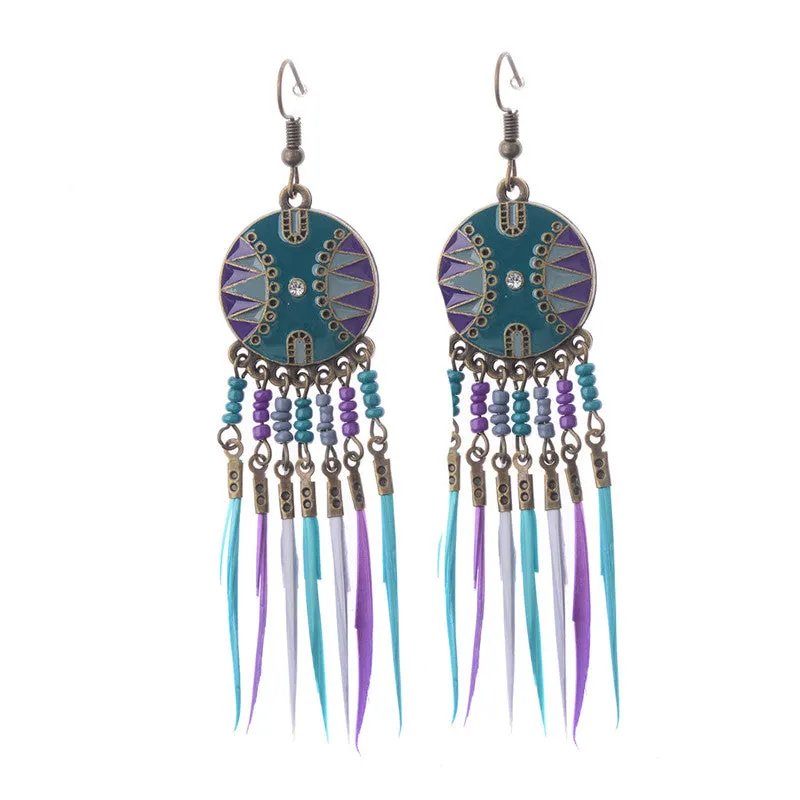 Beads and Feather Tassel Earrings