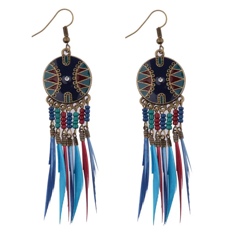 Beads and Feather Tassel Earrings