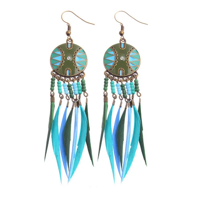 Beads and Feather Tassel Earrings