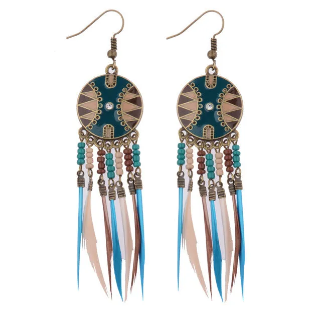 Beads and Feather Tassel Earrings