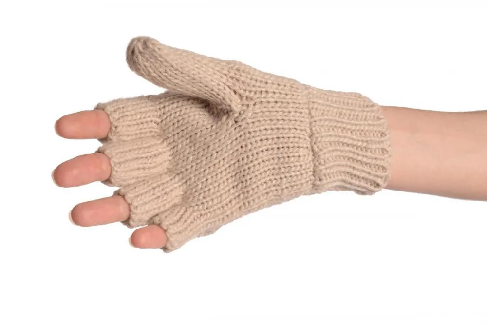 Bear Face Beige Knitted Fingerless Flip Gloves