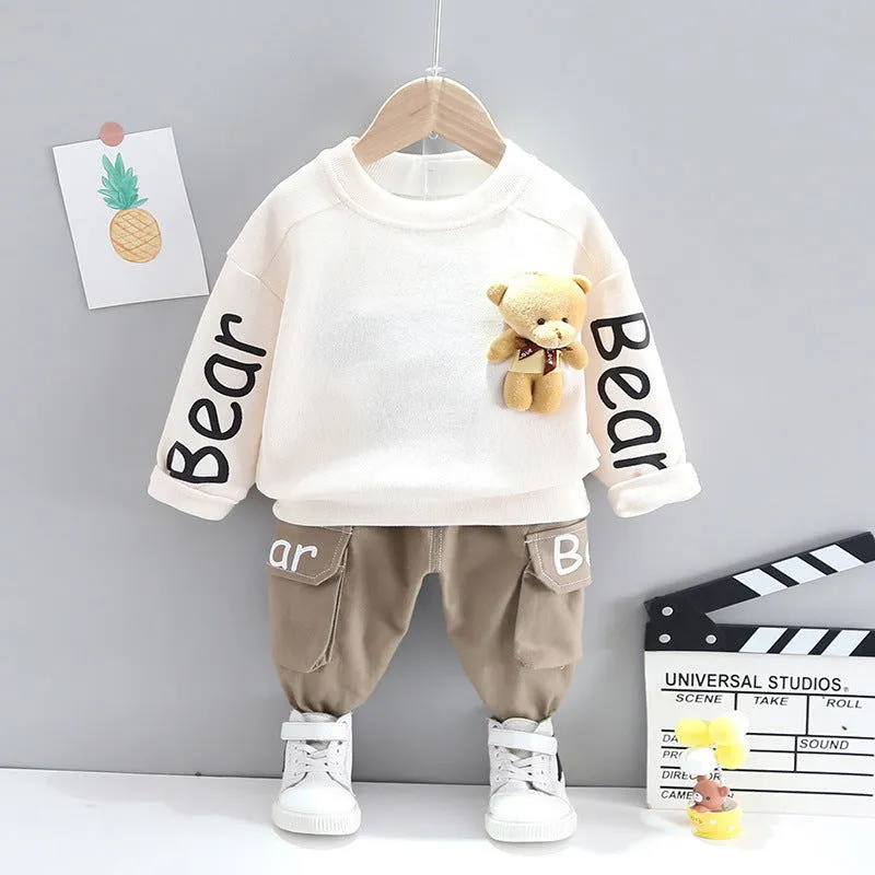 Bear Print Bear Pendant Cotton Pullover and Pants