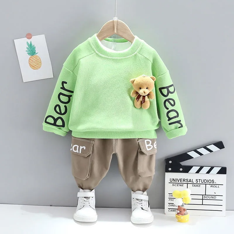 Bear Print Bear Pendant Cotton Pullover and Pants