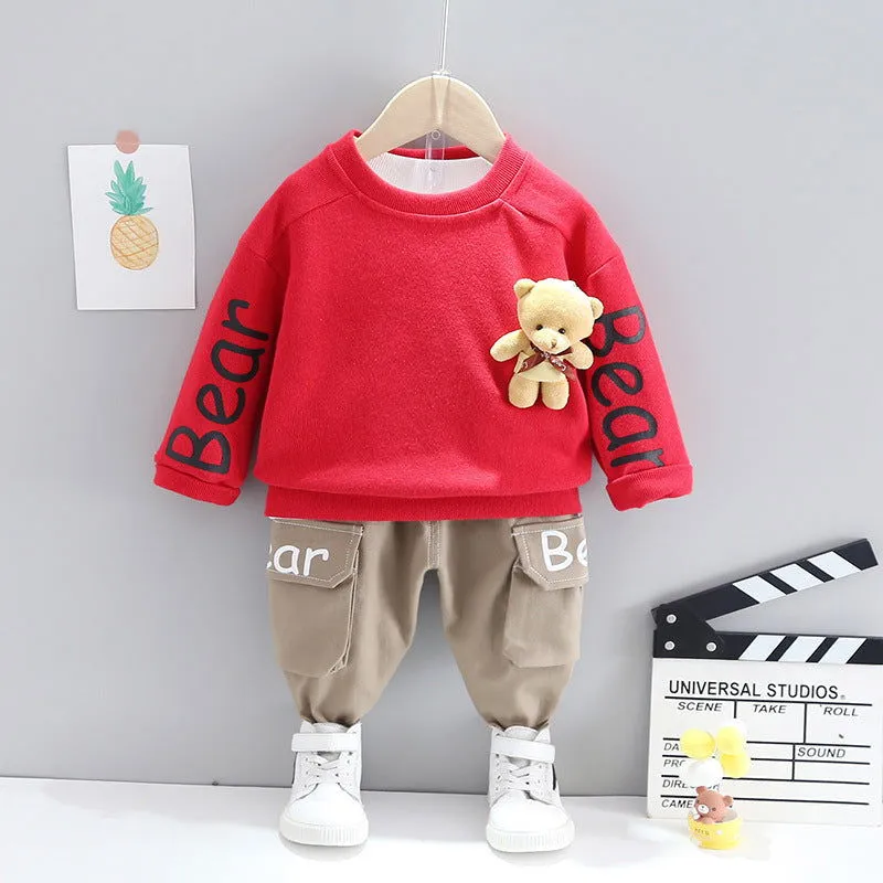 Bear Print Bear Pendant Cotton Pullover and Pants