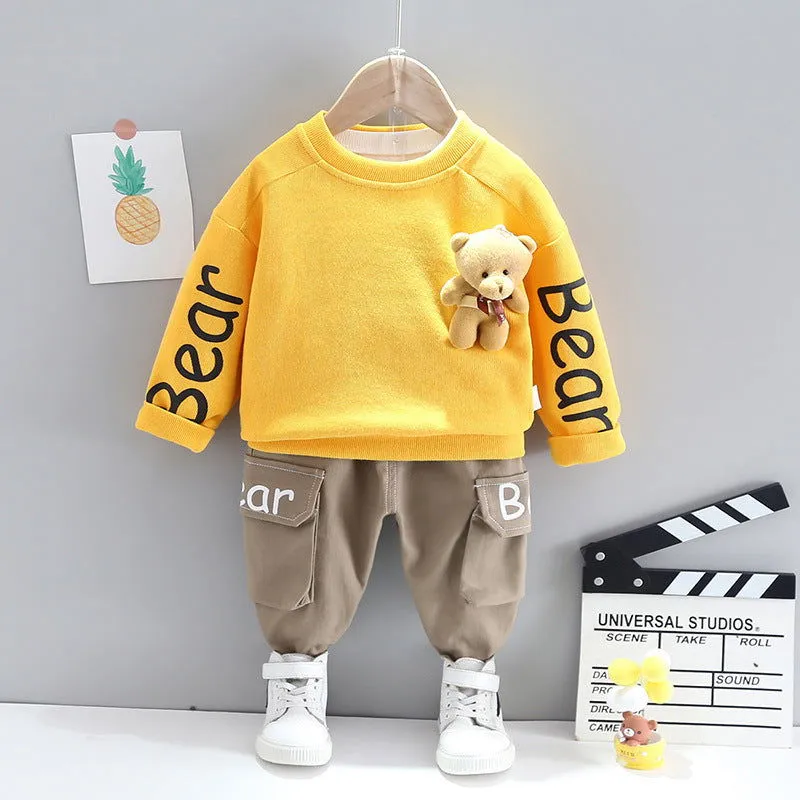 Bear Print Bear Pendant Cotton Pullover and Pants