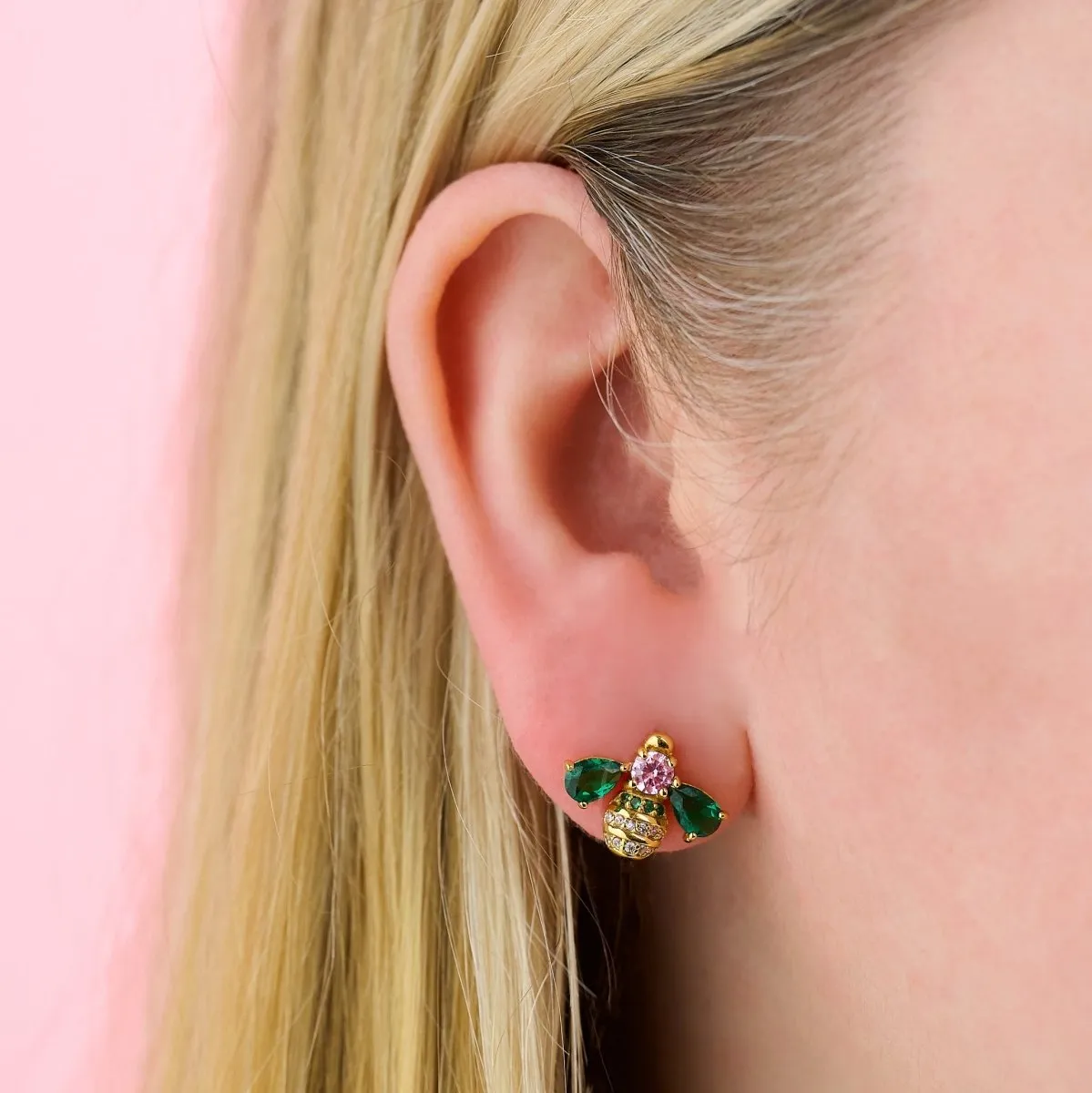 Beatrice Jewelled Bee Stud Earrings Blush Pink, Emerald Green and Gold