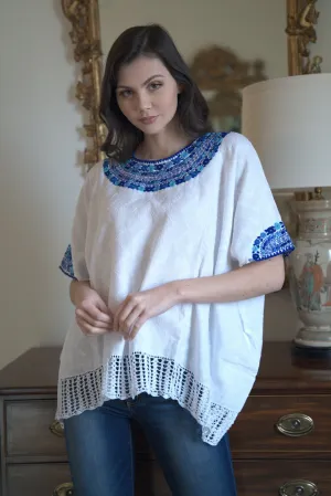 Beatriz Embroidered Guatemalan Top - White & Blue