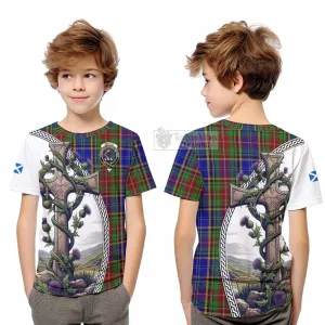 Beattie (Beatty) Tartan Kid T-Shirt with Family Crest and St. Andrew's Cross Accented by Thistle Vines