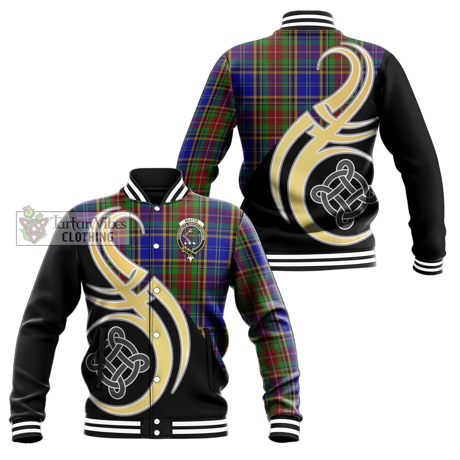 Beattie Tartan Baseball Jacket with Family Crest and Celtic Symbol Style