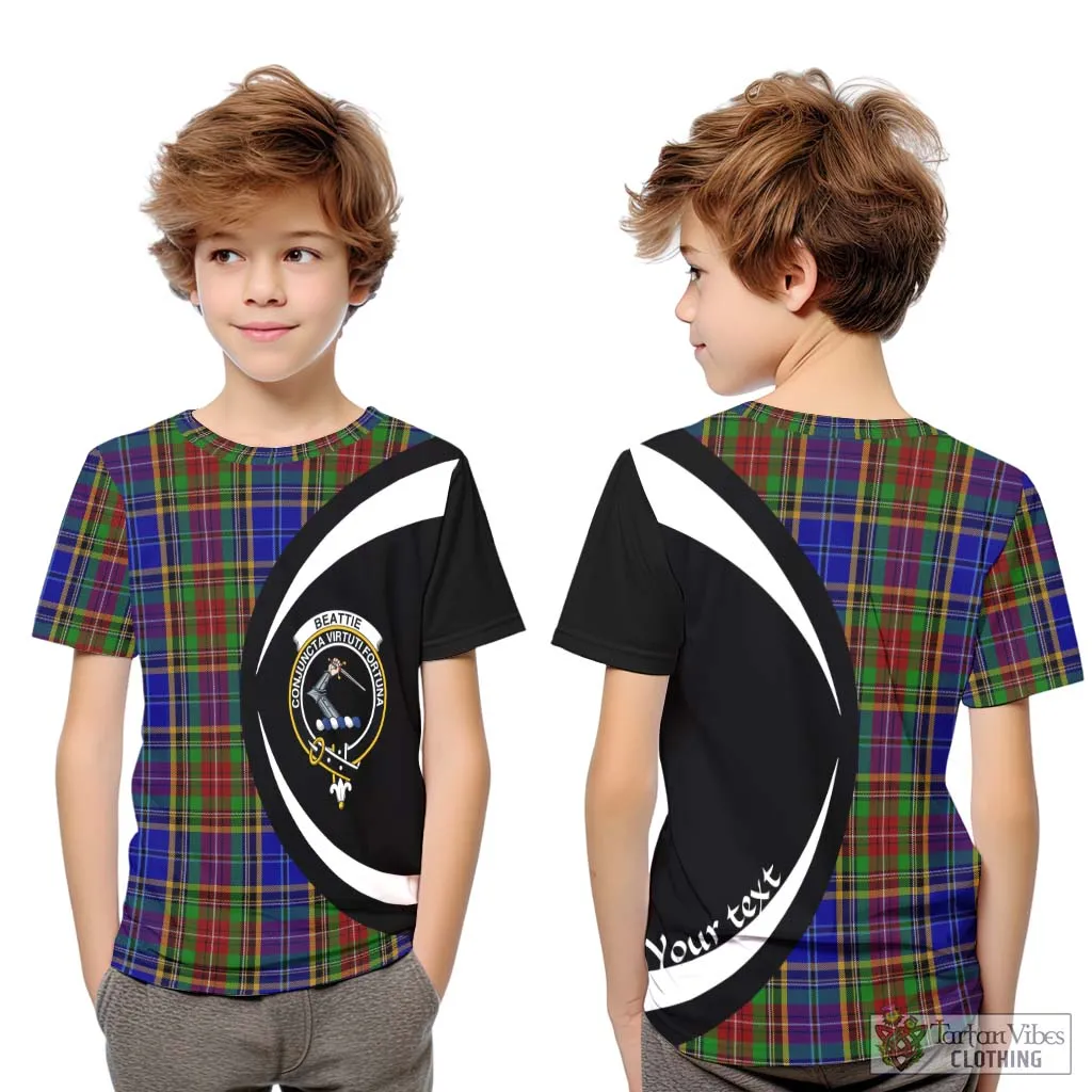 Beattie Tartan Kid T-Shirt with Family Crest Circle Style