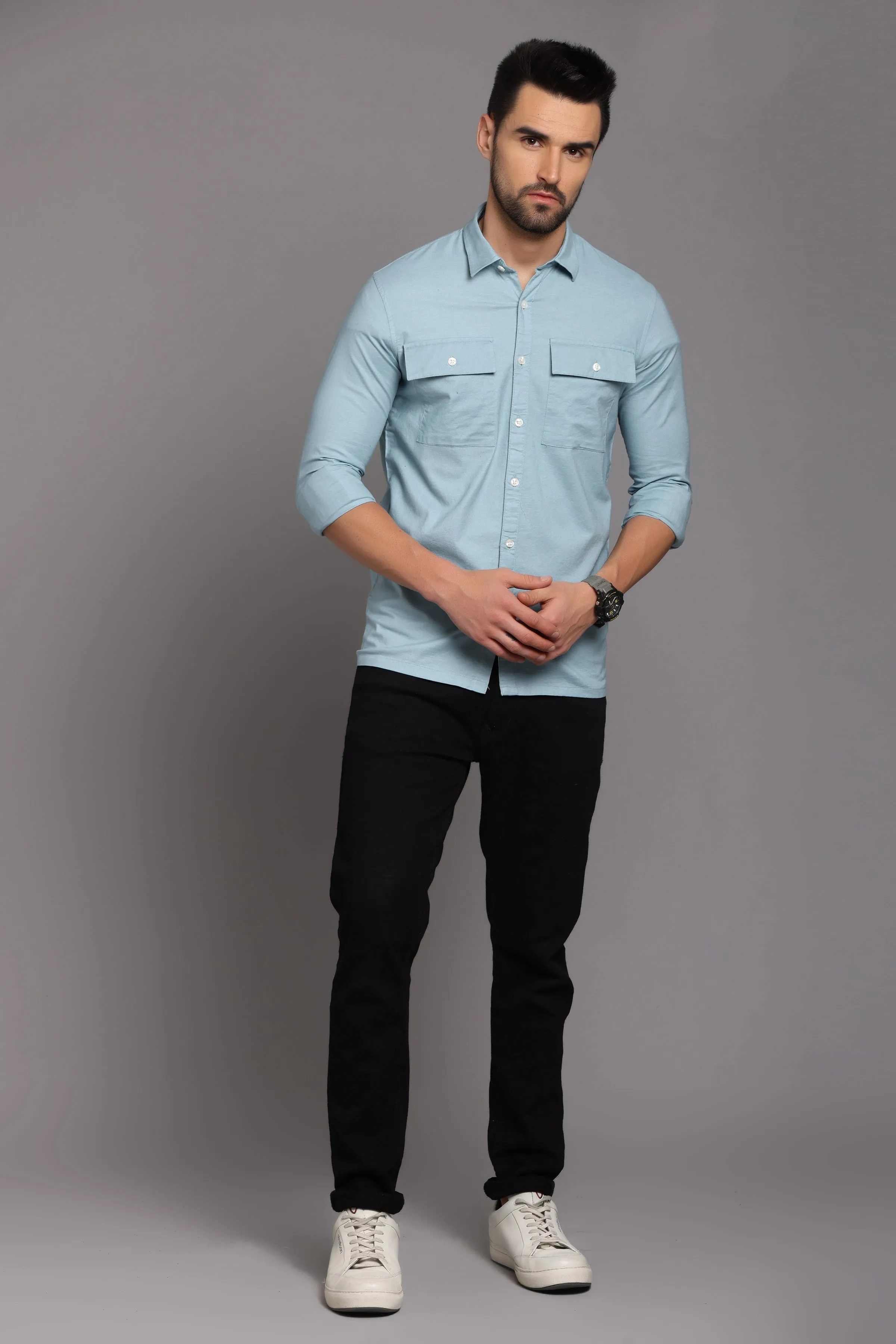 Beau Blue Full Sleeve Shirt with Double Pocket