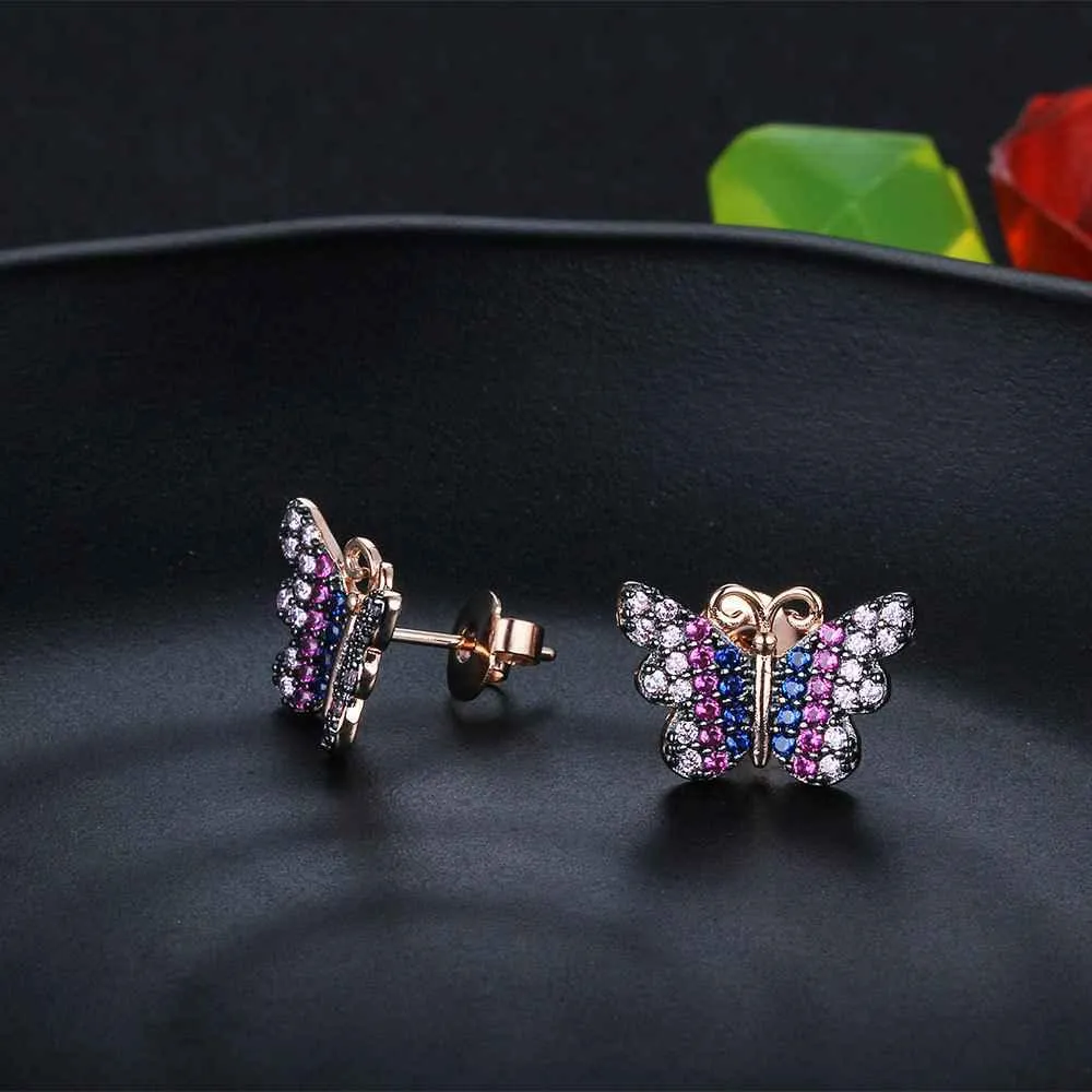 Beautiful 925 Silver Pink Butterfly Stud Earrings Fashion Party