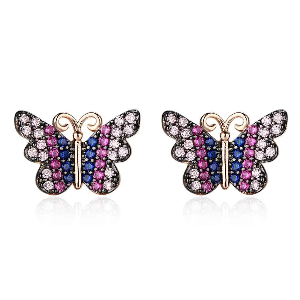 Beautiful 925 Silver Pink Butterfly Stud Earrings Fashion Party