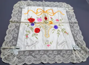 BEAUTIFUL Antique French Ribbon Roses Flowers Souvenir Pillow Case,Gorgeous Handworked Ribbon Flowers,Wide French Lace,WWI Gift From France