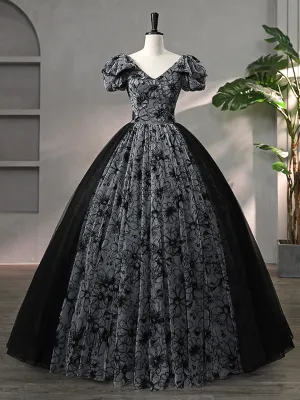 Beautiful Black Rhinestone Flower Prom Dress Black V-Neck Short Sleeve Evening Dress