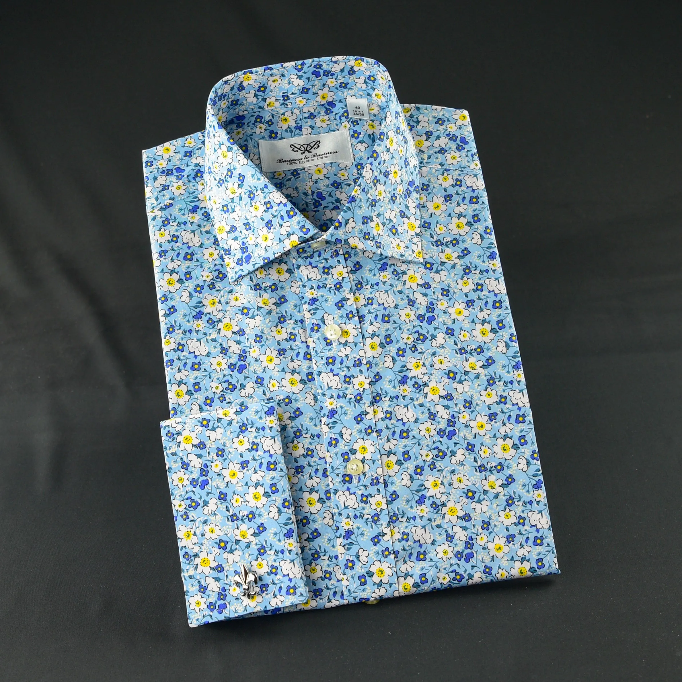 Beautiful Blue Flower Print Fabric Dress Shirt French Cuff For Holiday Wear