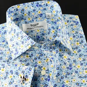 Beautiful Blue Flower Print Fabric Dress Shirt French Cuff For Holiday Wear