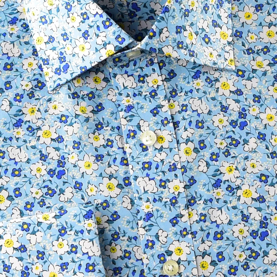 Beautiful Blue Flower Print Fabric Dress Shirt French Cuff For Holiday Wear