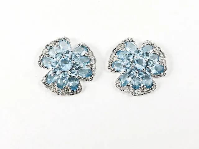 Beautiful Detailed Floral Aquamarine CZs Silver Earrings