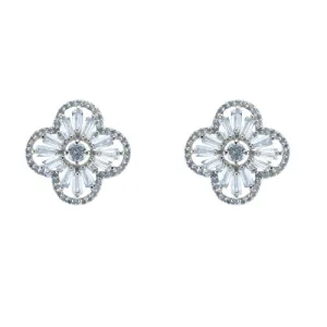 Beautiful Elegant Clover Shape Fine Baguette Setting CZ Brass Earrings