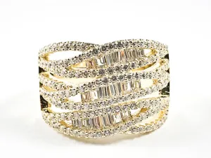 Beautiful Fine Multi Row Baguette CZ Crossover Style Design Gold Tone Silver Ring