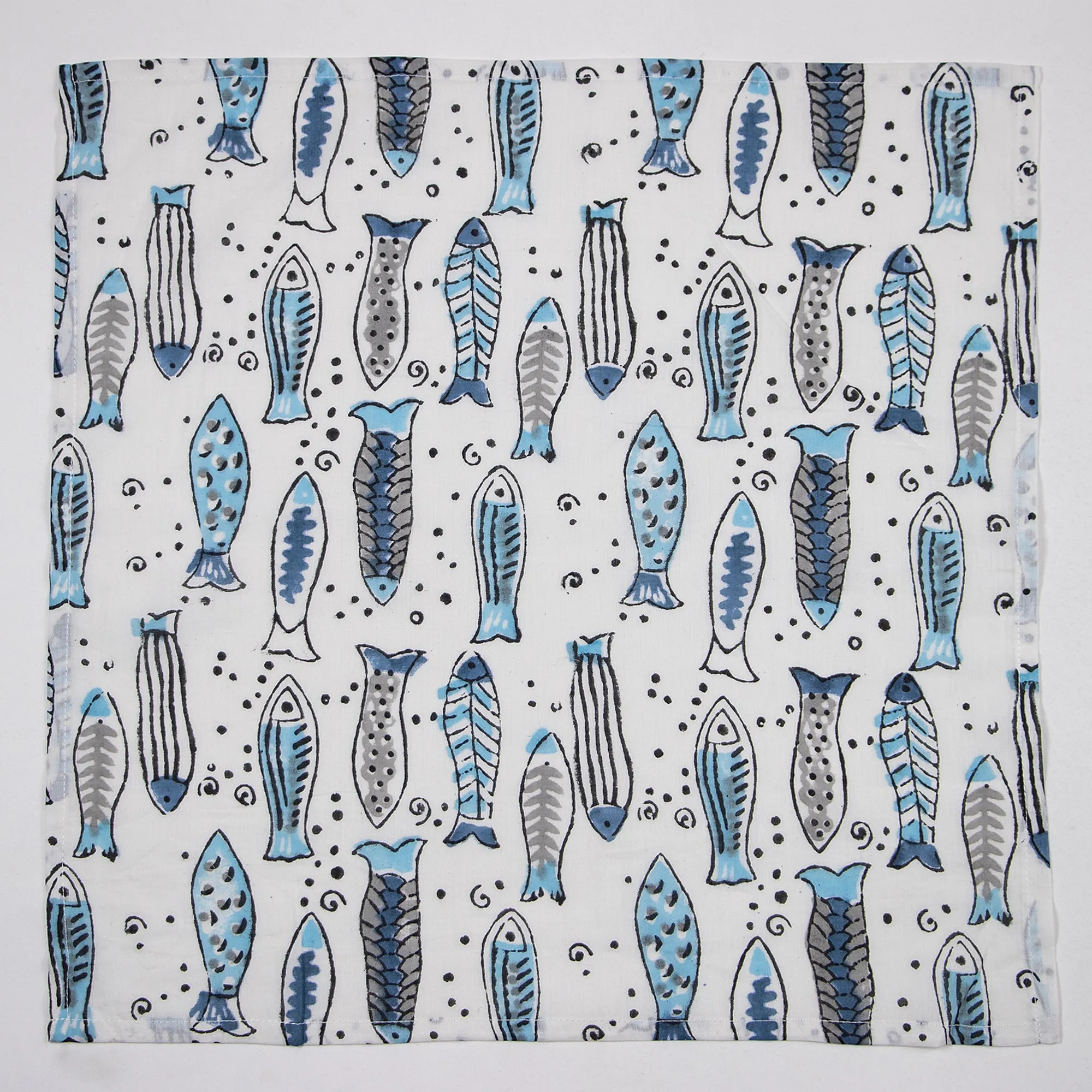 Beautiful Fish Block Printed Cotton Reusable Napkins For Girls & Boys