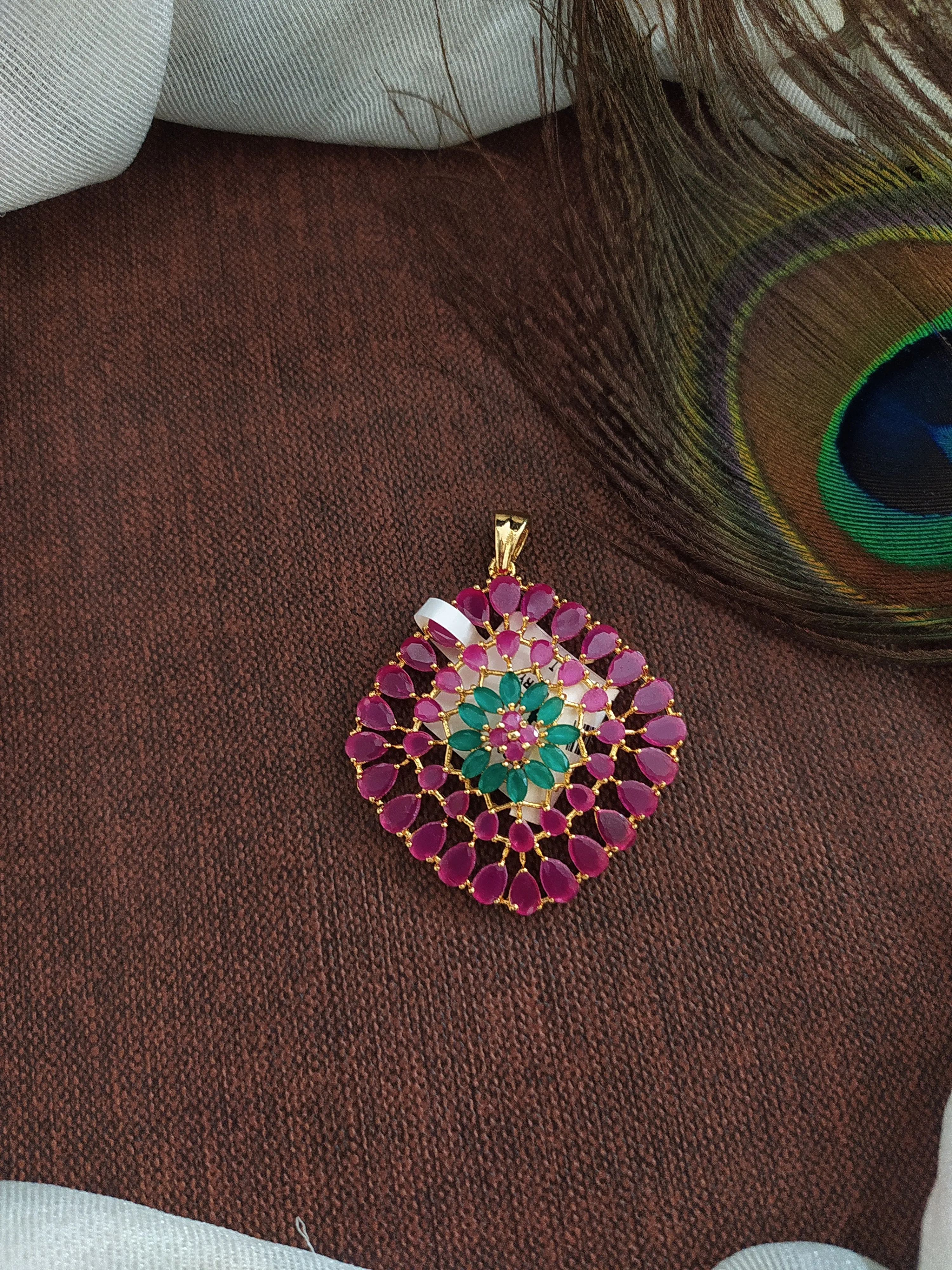 Beautiful Gold Plated Zircon (Ruby, Green) Pendant Set