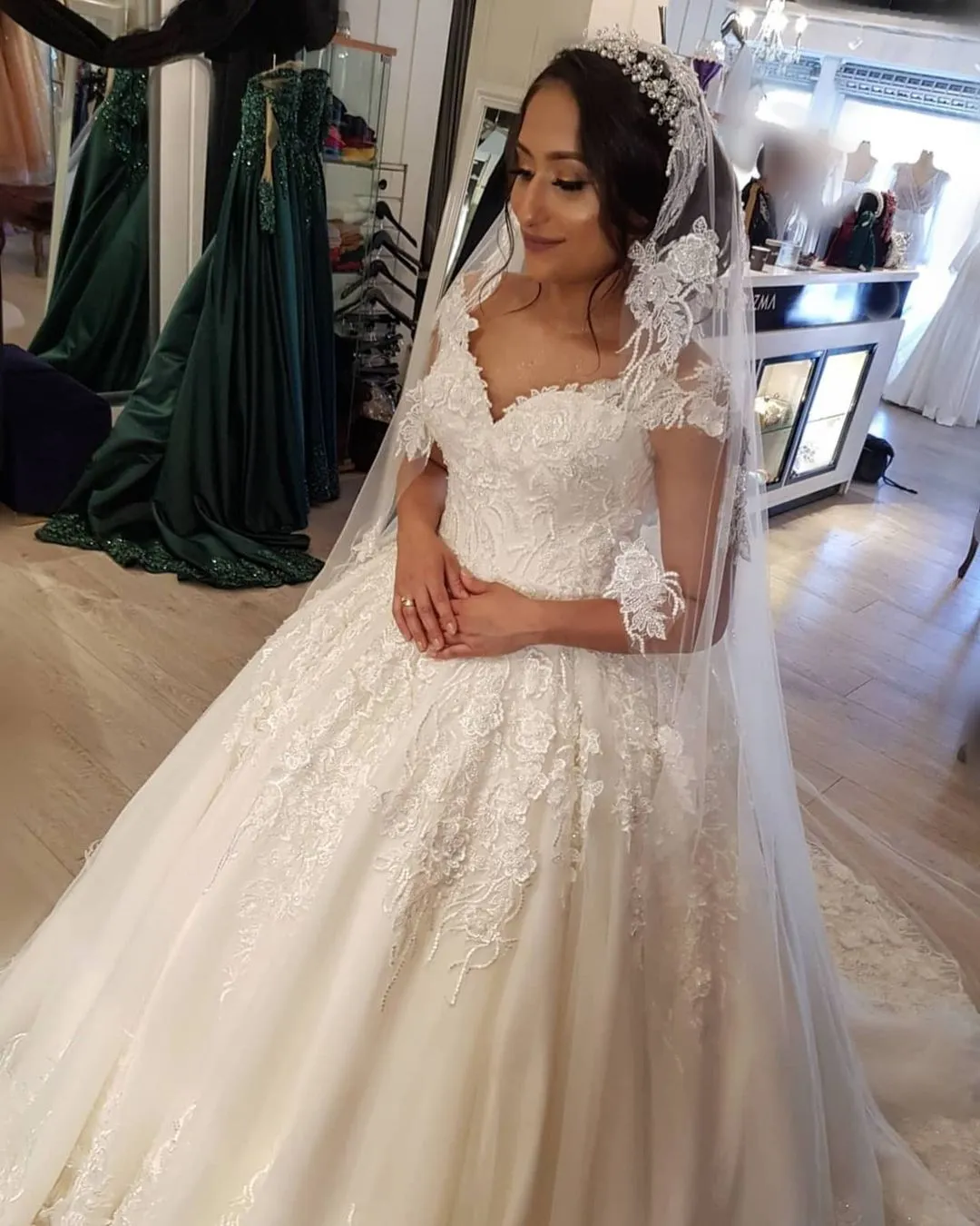 Beautiful Long Princess Off-the-Shoulder Wedding Dress with Lace