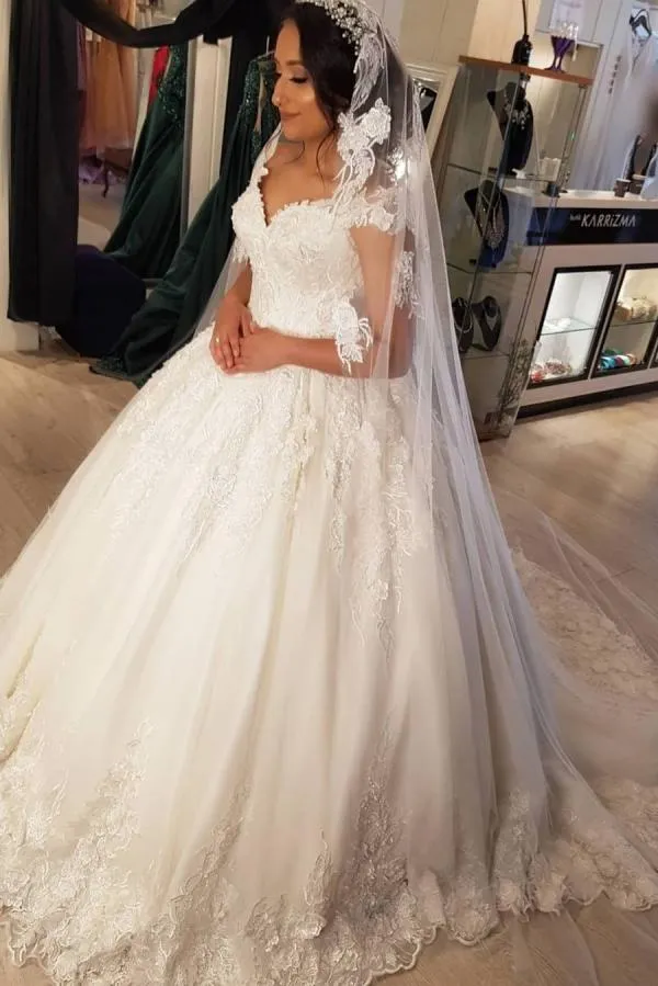 Beautiful Long Princess Off-the-Shoulder Wedding Dress with Lace