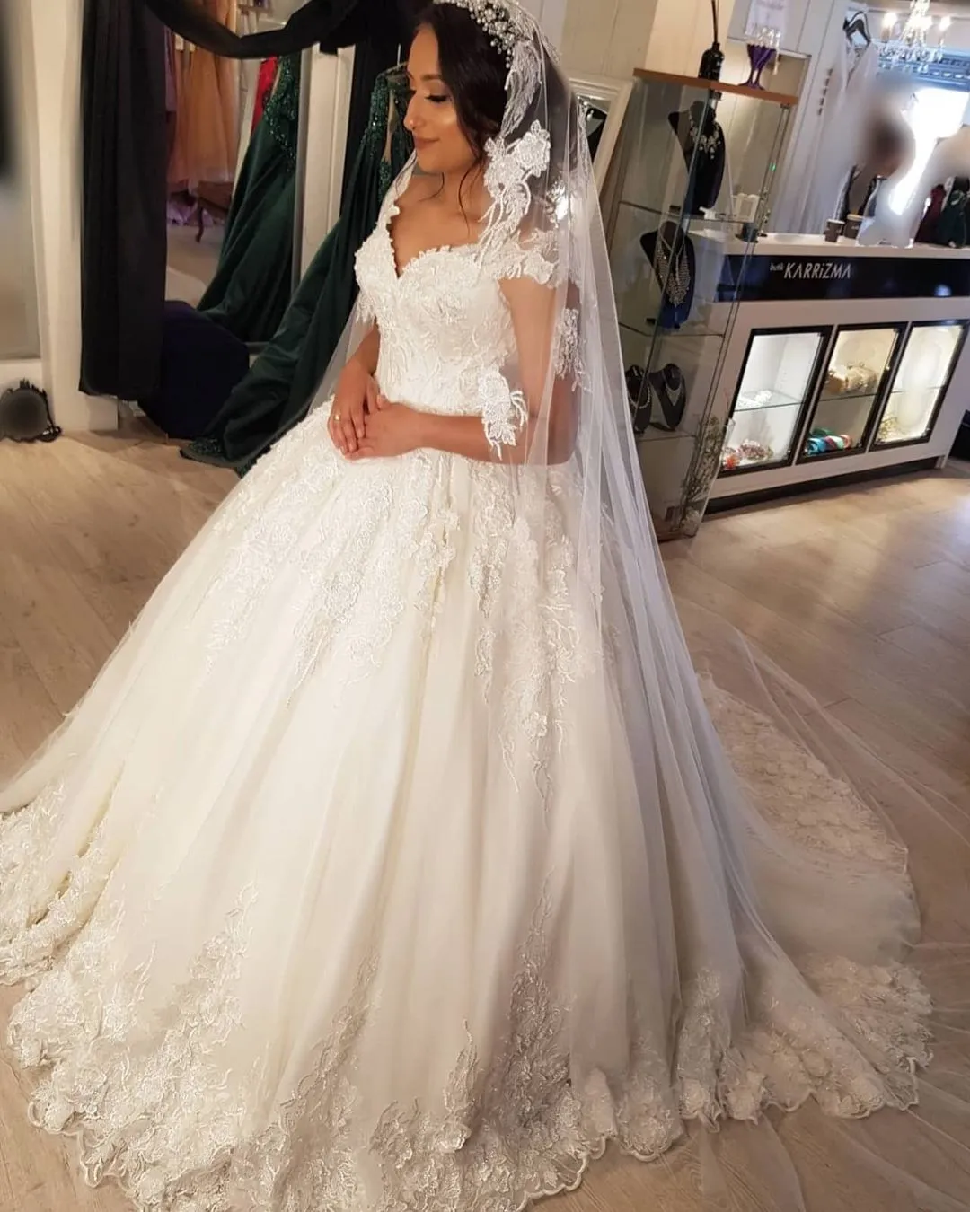 Beautiful Long Princess Off-the-Shoulder Wedding Dress with Lace