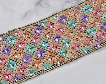 Beautiful Multi-Color Embroidered Trim | Multi-Color Trim by the Yard | High-Quality Multi-Color Trim | Beaded Multi Color Trim