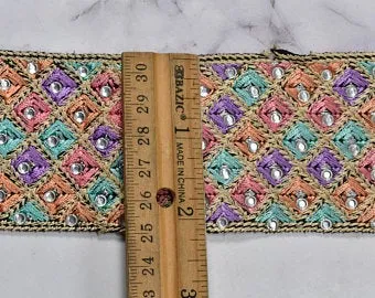 Beautiful Multi-Color Embroidered Trim | Multi-Color Trim by the Yard | High-Quality Multi-Color Trim | Beaded Multi Color Trim