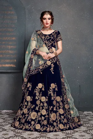 Beautiful Navy Blue Bridal Wear Embroidered Velvet Lehenga Choli