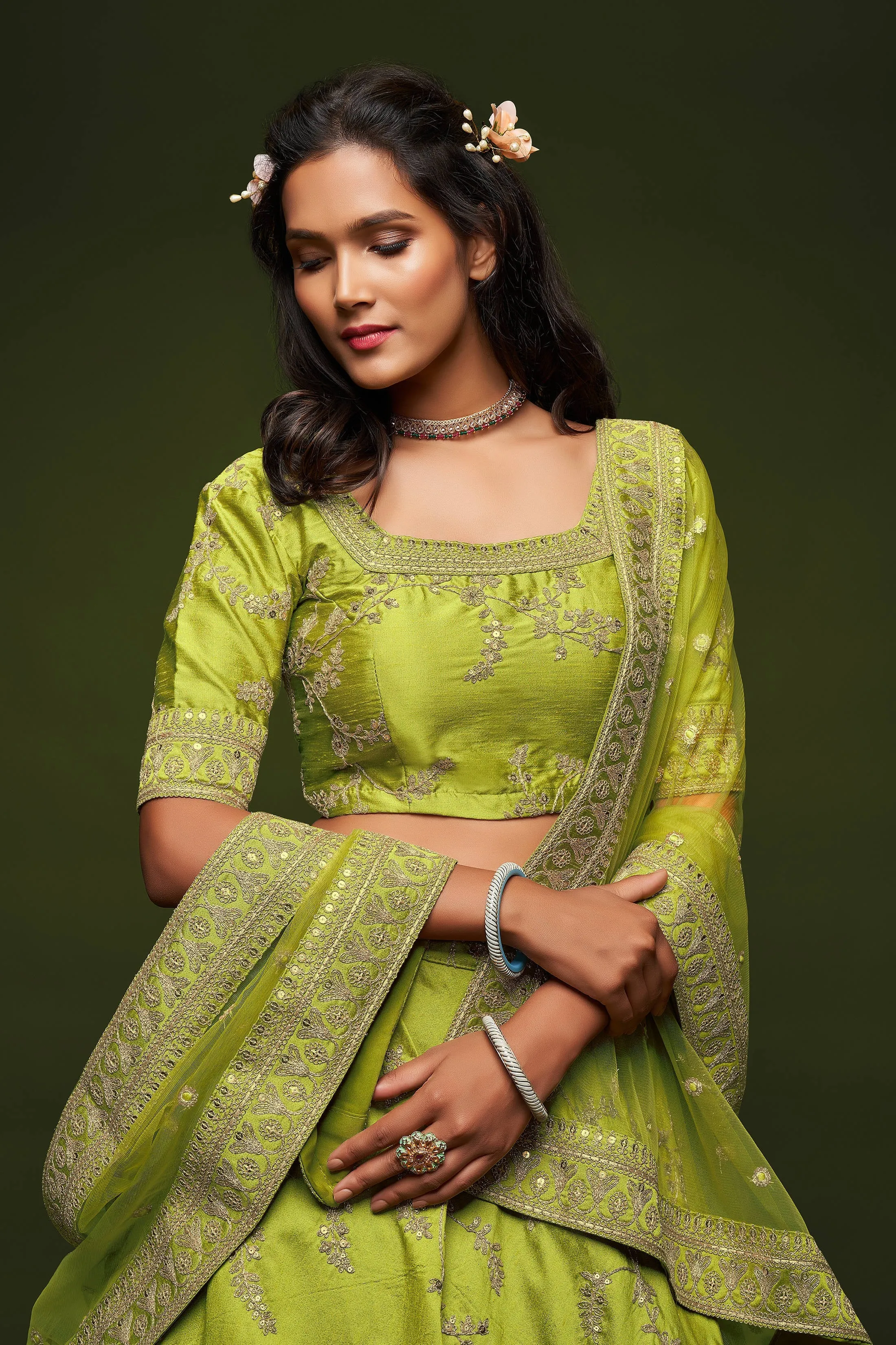 Beautiful Neon Green Thread Embroidered Silk Wedding Wear Lehenga Choli