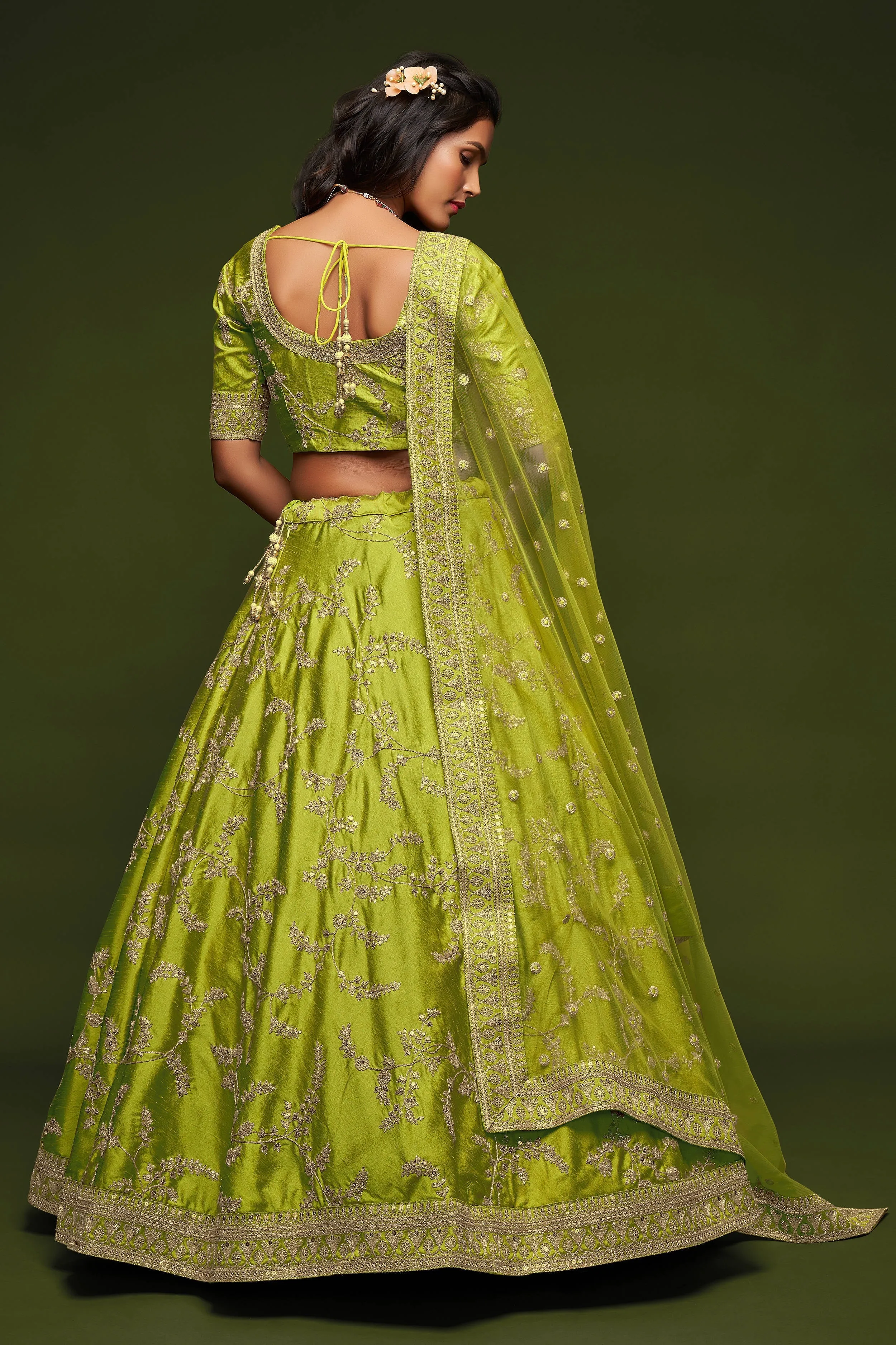 Beautiful Neon Green Thread Embroidered Silk Wedding Wear Lehenga Choli